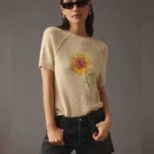 Pilcro Sunflower Knit Short Sleeve Sweater – Cream Embroidered Top xs